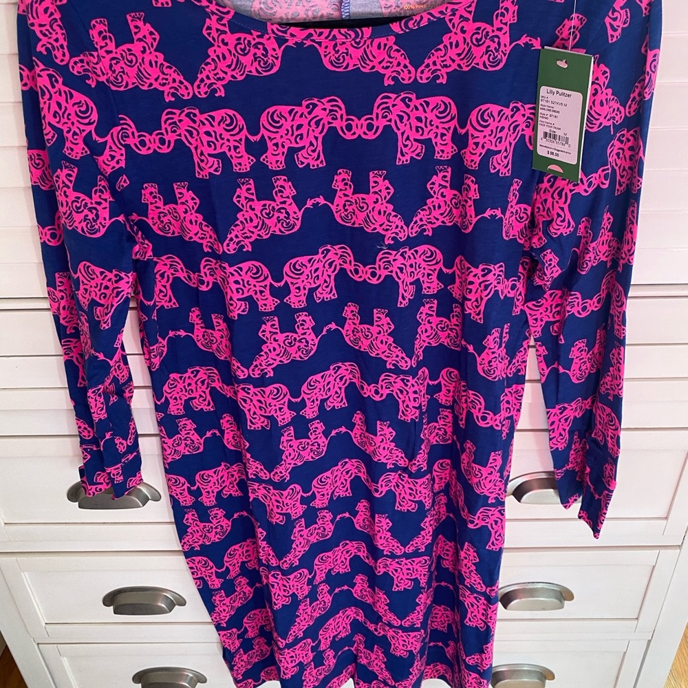 Lilly Pulitzer Vibrant Pink on Navy Long Sleeve Dress